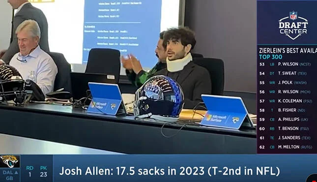 Tony Khan wears neck brace for day three of the 2024 NFL Draft, will auction it off for charity